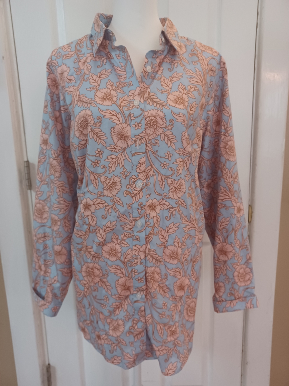 Lands' End No Iron Supima Cotton Shirt 22W Blue Peach Floral Button Up Blouse